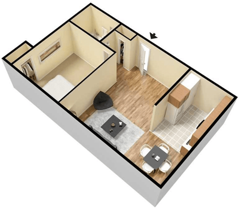 Floor plan for 1 bed, 1 bath, 580 sqft